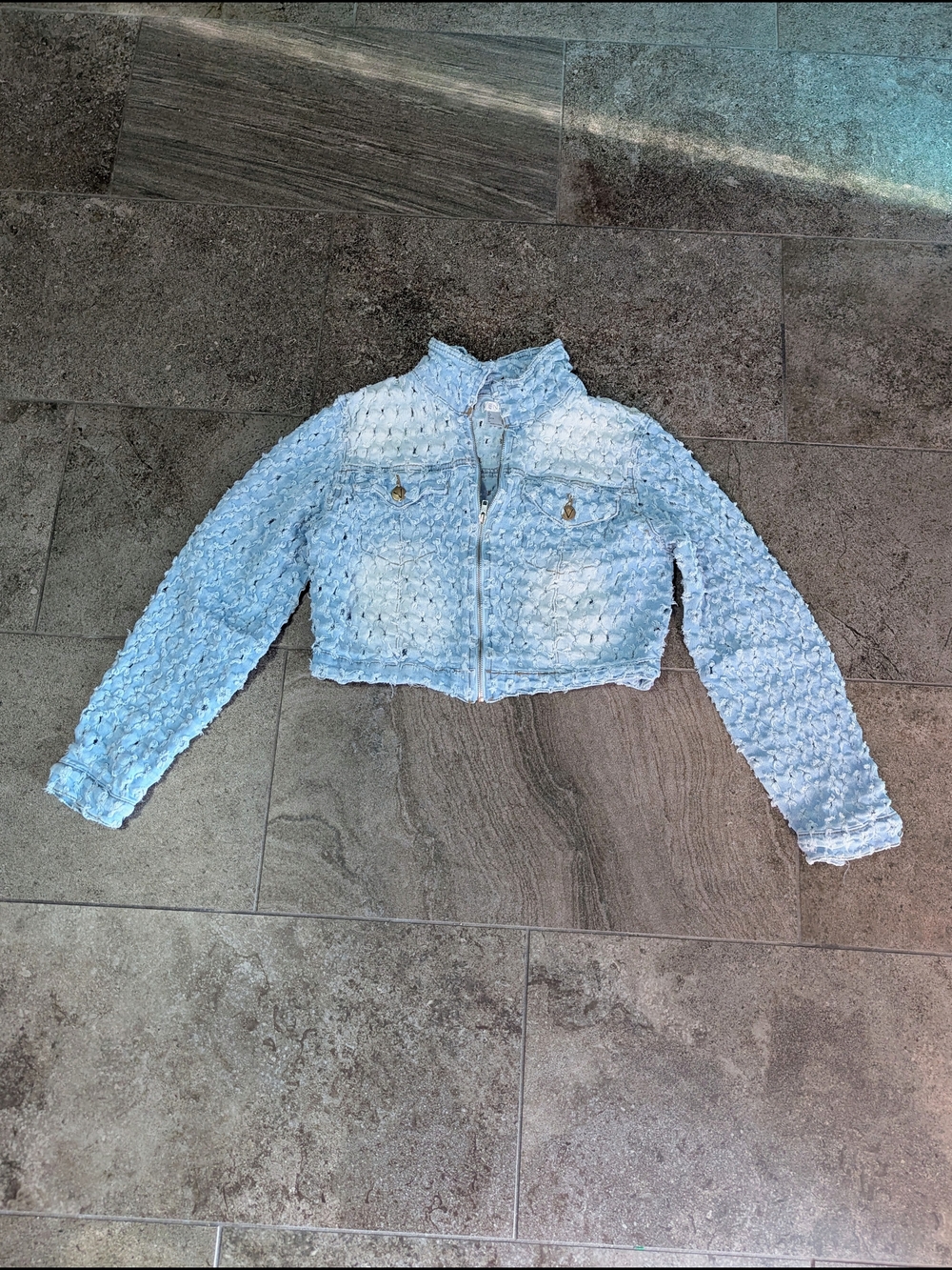 VENUS Light Blue Textured Cropped Jean Jacket